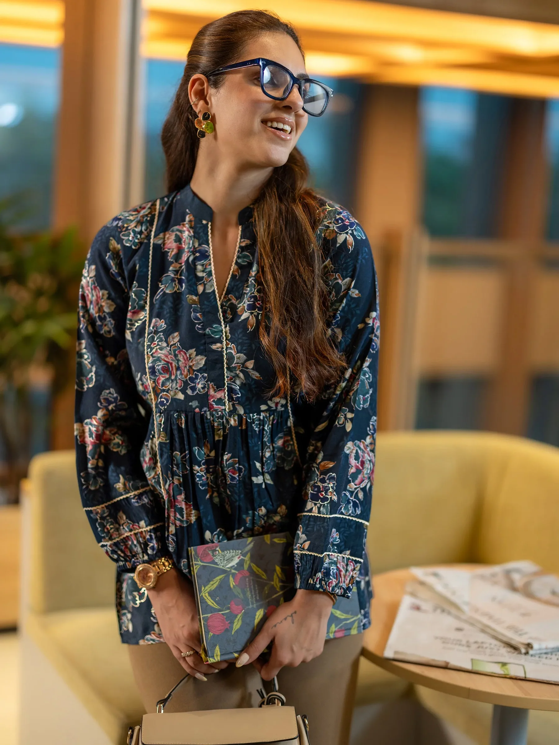 29384O_main.webp Blue Printed Silk Blend A-Line Short Kurti - Image 1