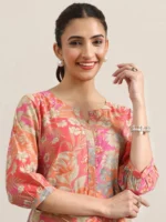 Peach Printed Silk Blend Straight Kurta - Image 4