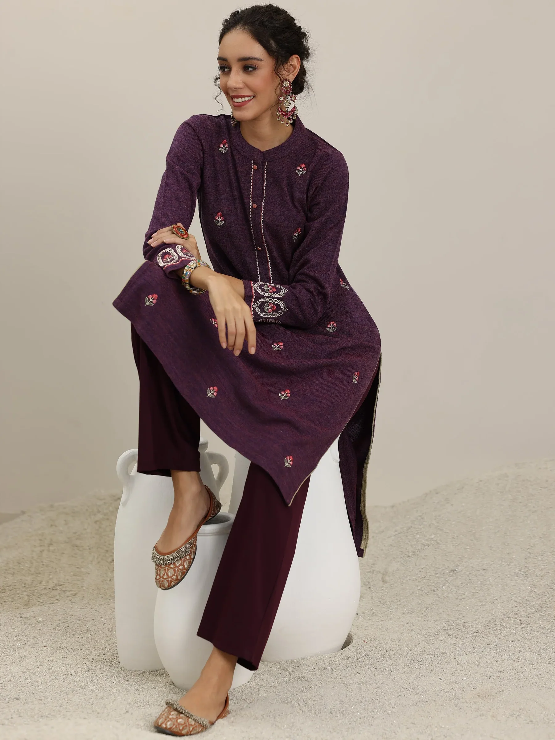 58143W_1.webp Wine Embroidered Wool Straight Kurta - Image 1