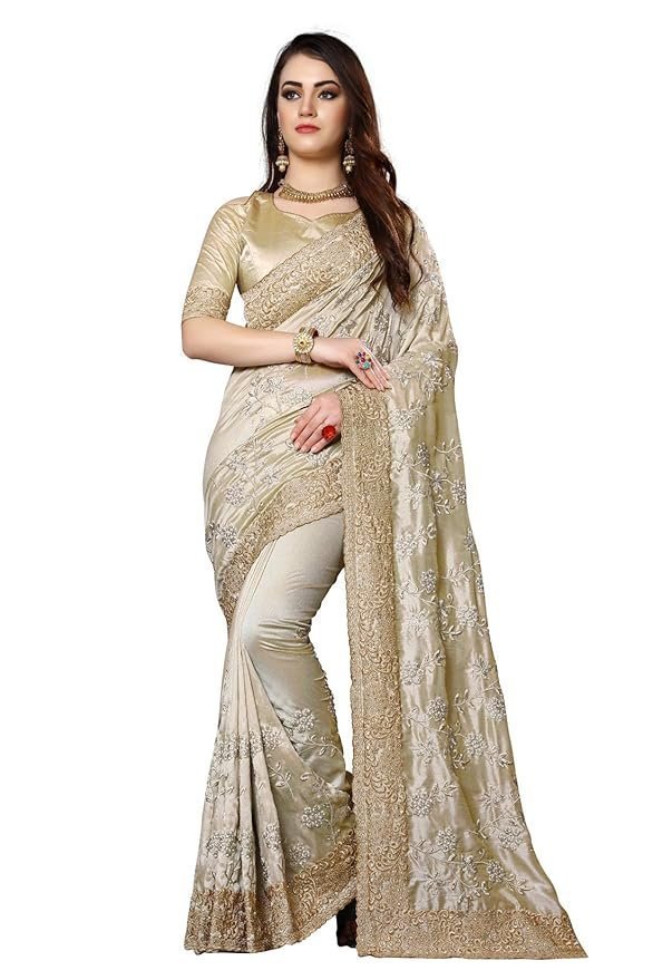 716uHyvyvhL._SY879_.jpg Beige Mayo Silk Zari Resham Stone Embroidery Work Saree with Blouse Piece - Image 1